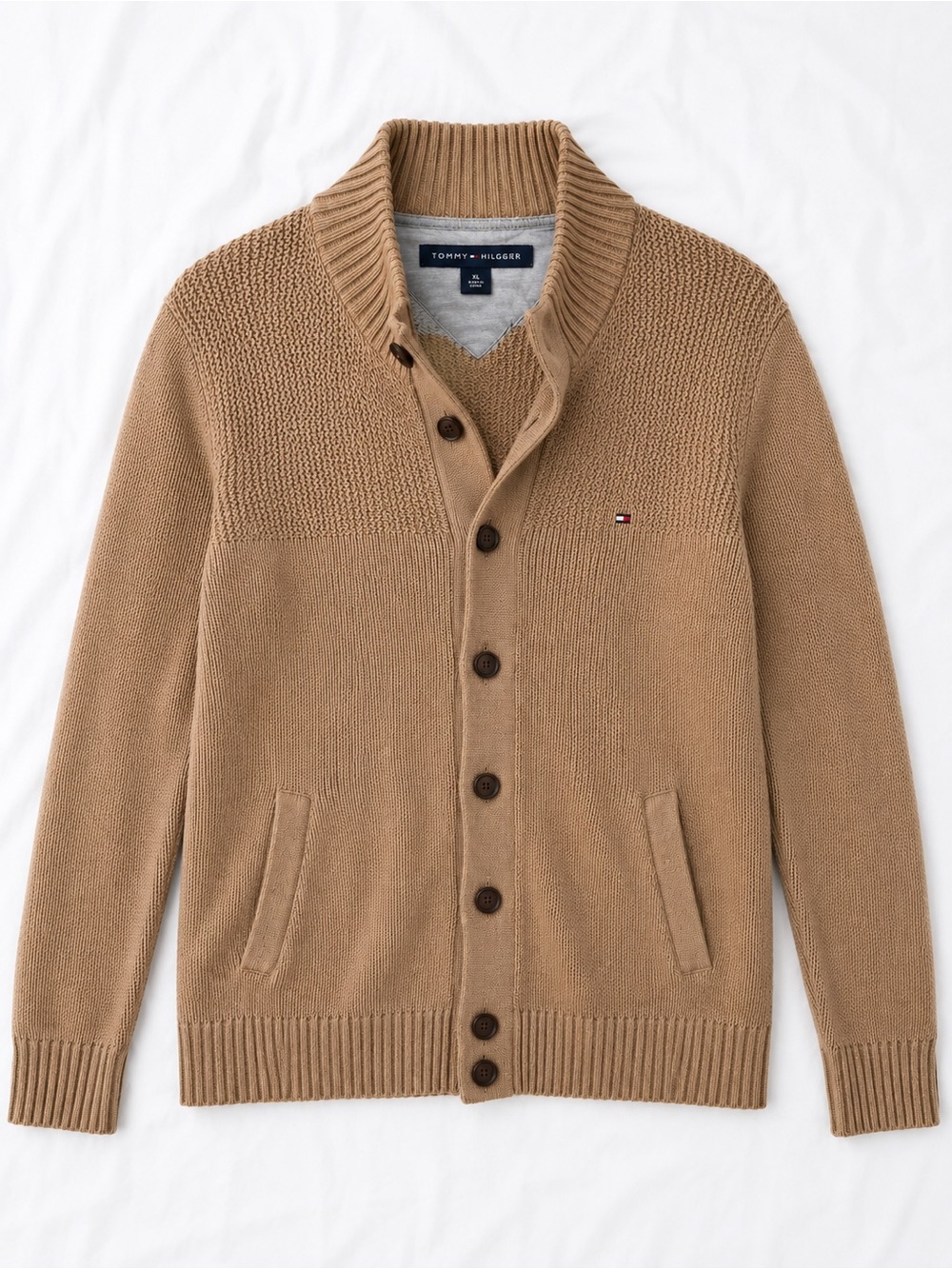 Tommy Hilfiger Men’s Camel Shawl Collar Button Cardigan